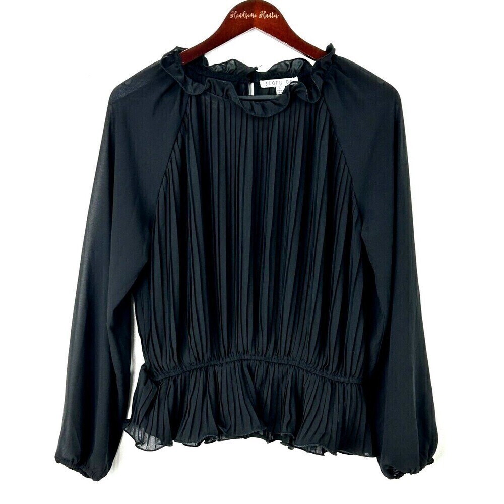 Story On Womens Size L Black Blouse Flouncy Sheer Ruffled‎ Bohemian Flowy Top R3